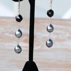 Black Gemstone Earrings, Black Spinel Dangles,Peacock Color Pearls, Black Pearls